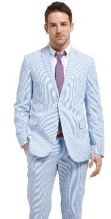 Stay Cool Seersucker Single Breasted Suit 2-Button Suit (Vented Jacket + Pants) Mens Suit and Boys Suit Sizes in Blue
