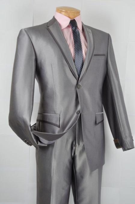 Mens Slim Fit Suit Single Breasted 2-Button Suit (Double Vented Jacket + Pants) Two Button Pinstripe Suit with Contrast Trim Lapels Wool Feel Grey / G