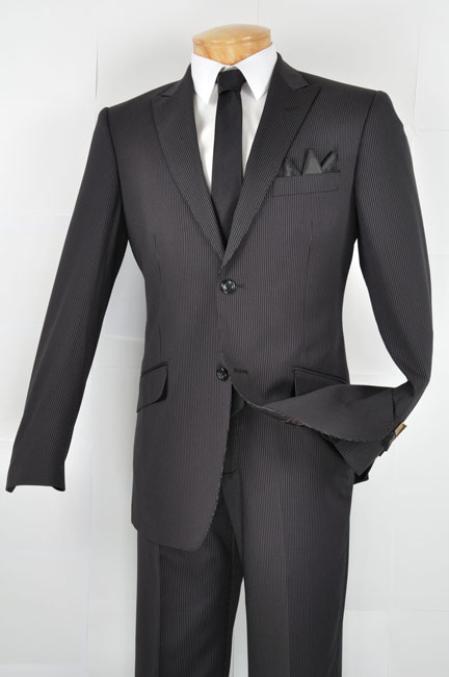 Mens Slim Fit Suit Single Breasted 2-Button Suit (Double Vented Jacket + Pants) Two Button Pinstripe Suit with Contrast Trim Lapels Wool Feel Black