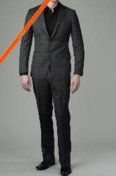 2Button Charcoal Ticking Plaid Slim Suit