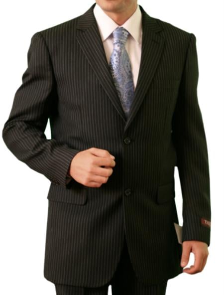 2 Button Front Closure  Black Pin Stripe Suit Mens Cheap