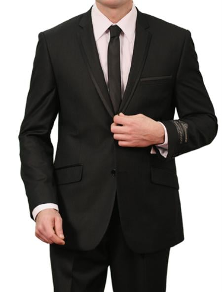 2 Button Black Satin Front Closure Slim Fit Suit Mens Cheap
