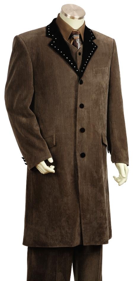 Mensusa Products Men's 4 Button Vested Fashion Velvet Suit Brown 45'' Long Jacket EXTRA LONG JACKET Maxi V