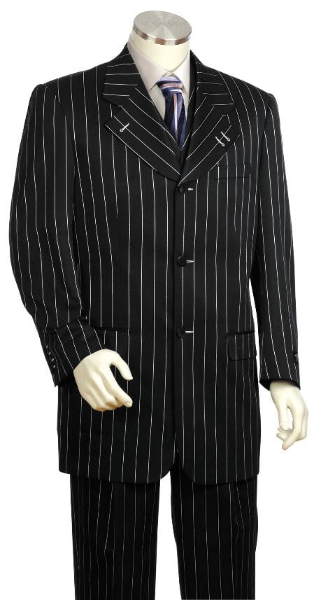 Mensusa Products Mens 3 Piece Vested White Pinstripe Black Zoot Suit