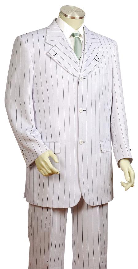 Mensusa Products Men's 3 Piece Vested Black Pinstripe White Zoot Suit