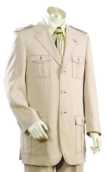 Mensusa Products Mens Fashionable 3 Button TaupeSAFARI Long Sleeve ( military style ) Suit