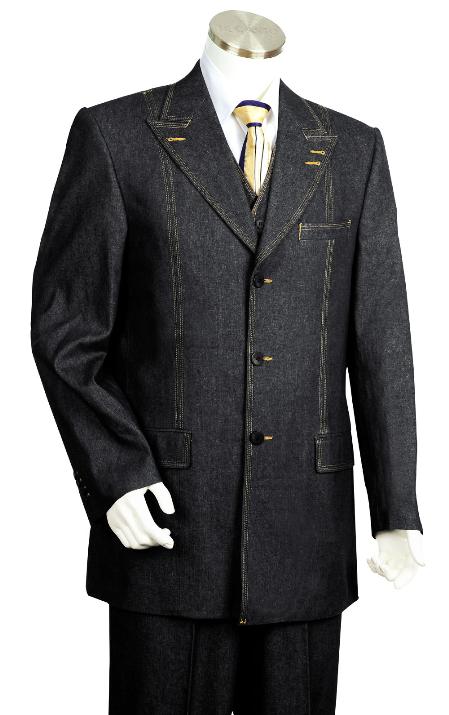Mensusa Products Men's 3 Piece Vested Black Zoot Denim Fabric Suit