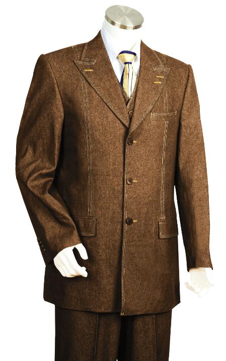 Mensusa Products Men's 3 Piece Vested Brown Unique Exclusive Fashion Denim Fabric Suit