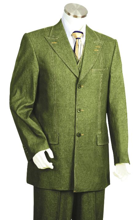 Mensusa Products Men's 3 Piece Vested Olive Unique Exclusive Fashion Denim Fabric Suit