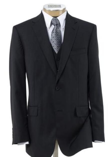 2 Button Black Wool Vested Suit with Pleated Trousers Mens