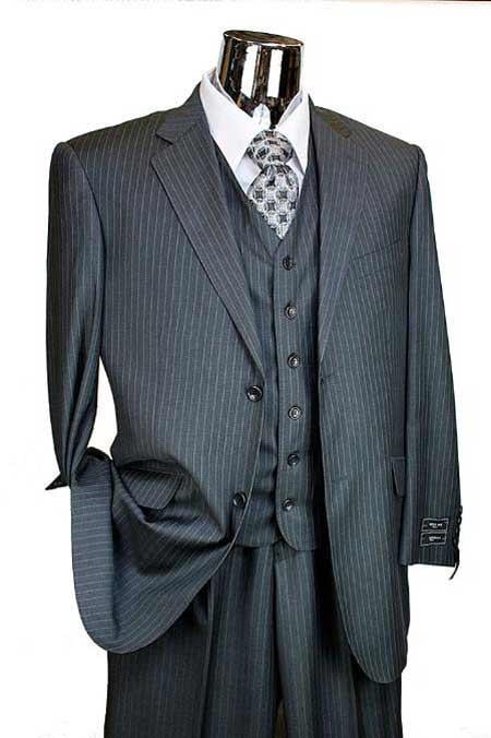3 Piece 2 Button Charcoal Pinstripe Italian Designer Suit Mens
