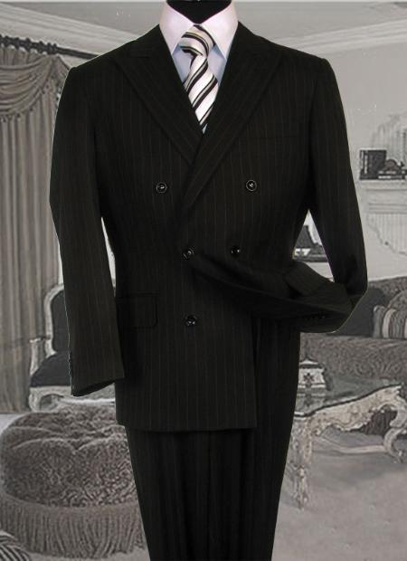 Mensusa Products Mens Double Breasted Black with White Stripe Suit No Pleated Flat Front Pants