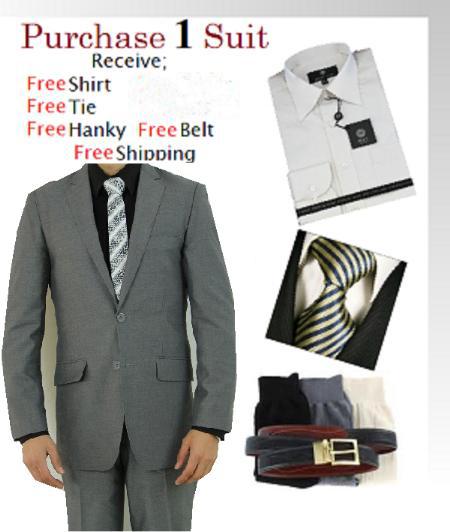 Two Button Light Grey Suit Slim Fit Dress Shirt, Free Tie & Hankie Package