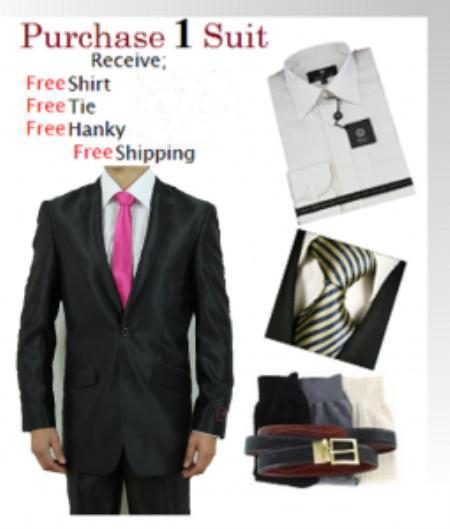 Mens 2 Button Black Shark Skin Suit SHINNY Dress Shirt, Free Tie & Hankie Package 