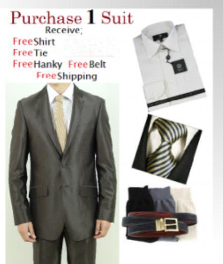 Mensusa Products Men's Two Button Brown Slim Fit Teakwave SuitDress Shirt, Free Tie & Hankie Package