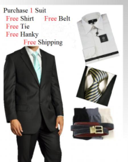 Men's Two Button Wool Black Suit Dress Shirt, Free Tie & Hankie Package