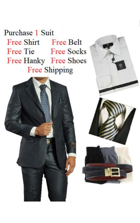 Men's 2 Piece Two Button Navy Suit Dress Shirt, Free Tie & Hankie Package