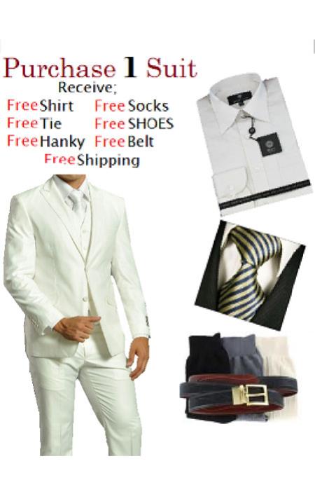 Men's Two Button Solid White Tuxedo Suit Dress Shirt, Free Tie & Hankie Package