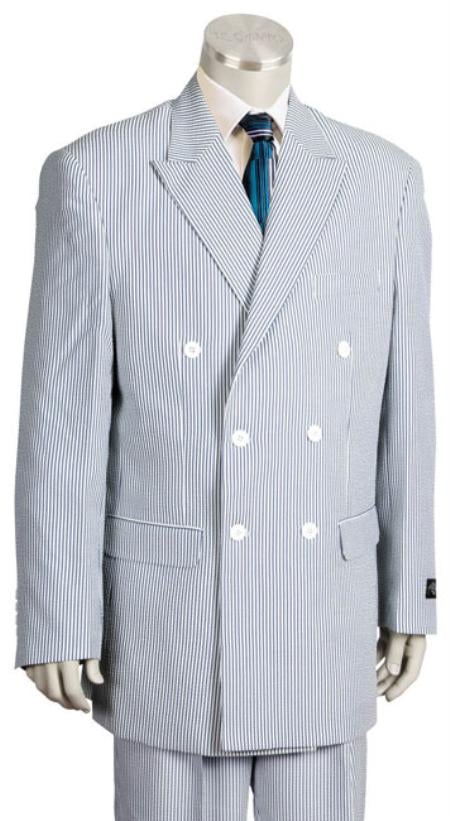 Stay Cool  Seersucker Suit - Double Breasted Suit (Vented Jacket + Pleated Pants) Lightweight Suit Mens 6-Button Suit Jacket in Grey/Gray