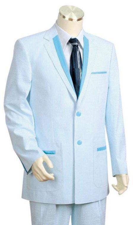 Stay Cool Seersucker 100% Cotton 2-Button Suit (Side Vented Jacket + Pleated Pants) Lightweight Suit in Light Blue Sky Blue Pastel