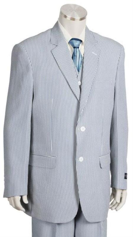 Stay Cool Seersucker 3 Piece Suit - 2-Button Suit (Two Button) Single Breasted Notch Lapel with Vest Soft Poly Rayon Blue