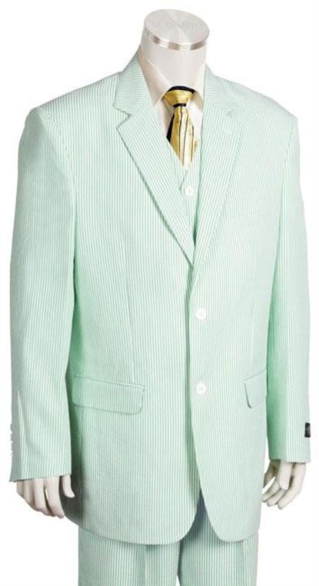 Stay Cool Seersucker 3 Piece Suit - 2-Button Suit (Two Button) Single Breasted Notch Lapel with Vest Soft Poly Rayon White Lime/Light Green