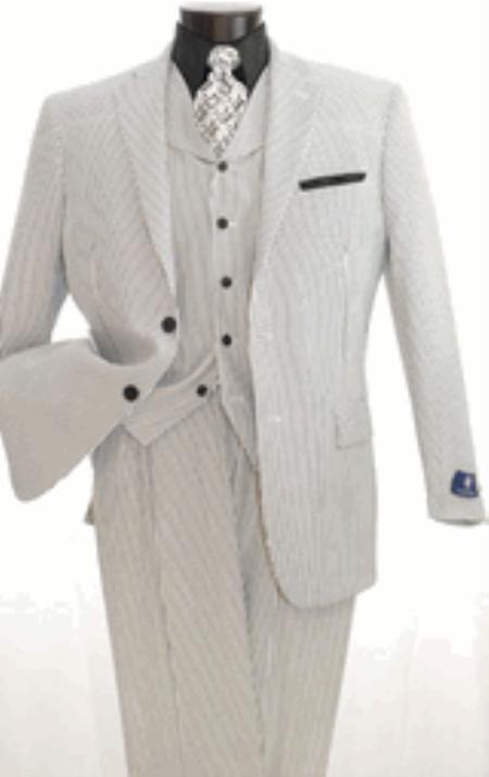 Stay Cool Seersucker Single Breasted 3 Piece Suit 2-Button Suit (Side Vented Jacket + Pleated Pants + Vest) Lightweight Two-Button Suit Mens in White