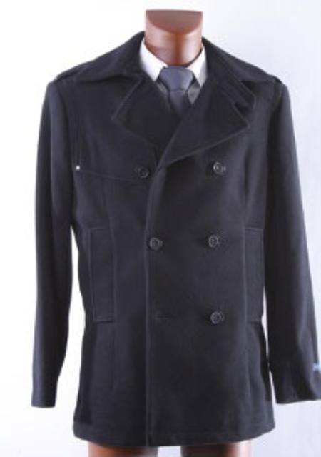 Mensusa Products Men's Double Breasted Black Wool Winter Coat