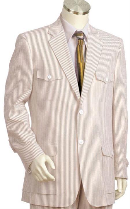 Stay Cool Seersucker 100% Cotton 2 Piece (Jacket + Pants) Lightweight Mens Suit in Brown / Off-White