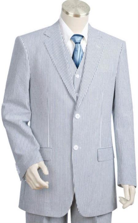 Stay Cool Seersucker 100% Cotton 2 Piece (Jacket + Pants) Lightweight Mens Suit in Blue / Off-White