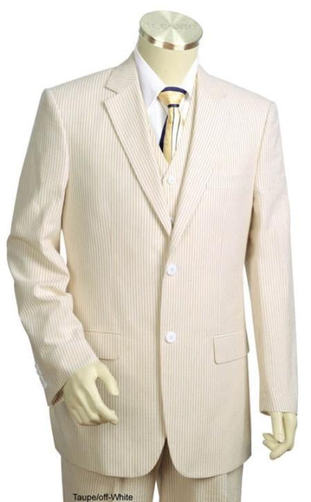 Stay Cool Seersucker Single Breasted 3 Piece Suit Cotton 2-Button Suit with Vest (Three Piece Two-Button) Lightweight Mens Suit in Taupe with Off-Whit