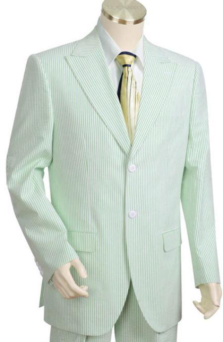 Stay Cool Seersucker 100% Cotton 2 Piece (Jacket + Pants) Lightweight Mens Suit in White Lime / Light Green