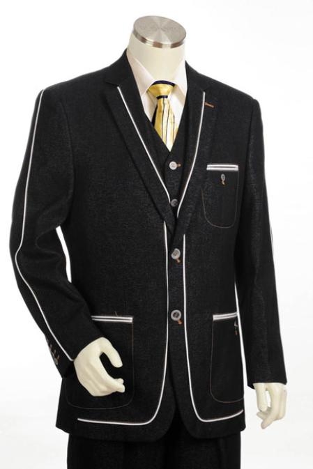 Mensusa Products Mens 2 Button 3pc Fashion Denim Cotton Fabric Trimmed Two Tone Blazer/Suit/Tuxedo Black