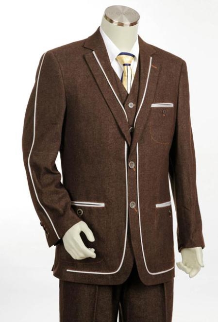 Mens 2 Button 3PC Fashion Denim Cotton Fabric Trimmed Two Tone Blazer/Suit/Tuxedo Brown