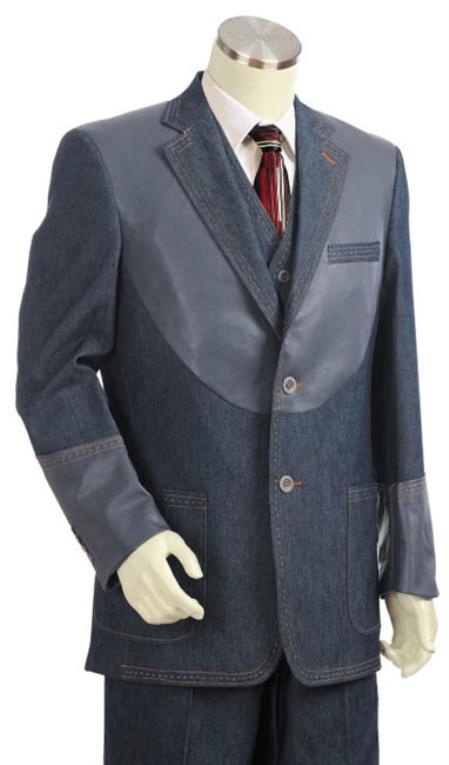Grey tuxedo-Mens 2 Button 3pc Fashion Denim Cotton Fabric Cotton Fabric Trimmed Two Tone Blazer/Suit/Tuxedo Grey