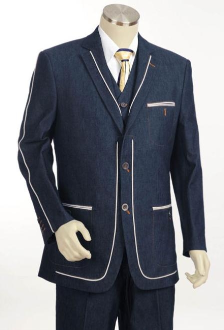 Mens 2 Button 3pc Fashion Denim Cotton Fabric Trimmed Two Tone Blazer/Suit/Tuxedo Navy