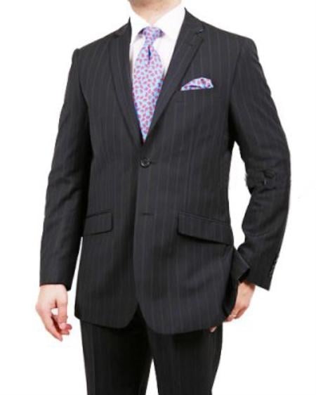 2 Button Black with Navy Blue Pinstripe Suit Mens Cheap