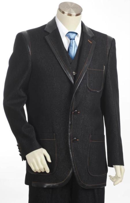 Mens 3 Button 3PC Fashion Denim Cotton Fabric Trimmed Two Tone Blazer/Suit/Tuxedo Black