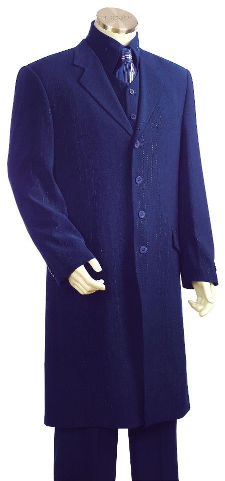 3 Piece 4 Button Royal Blue Long  Zoot Suit Vest Jacket Mens