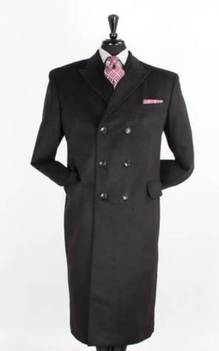Double Breasted Black 48 Inch Long Wool Blend Polyester Top Coat Mens