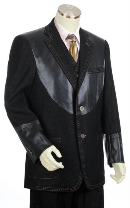 Mensusa Products Mens Black 2 Button 3pc Fashion Denim Cotton Fabric Trimmed Two Tone Blazer/Suit/Tuxedo
