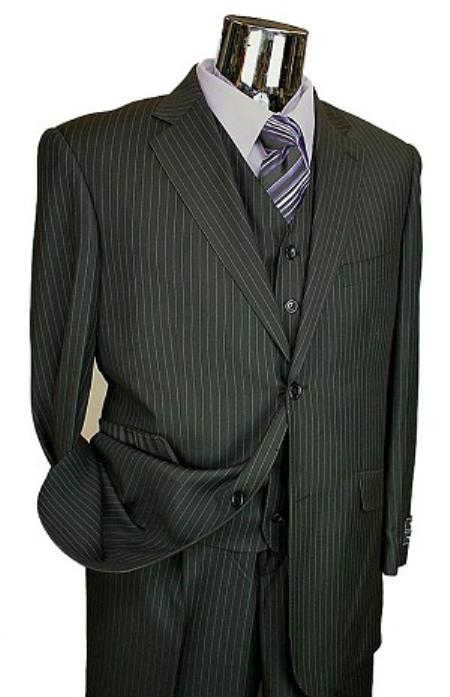 2 Button 3 Piece Black Pinstripe Italian Designer Suit Mens