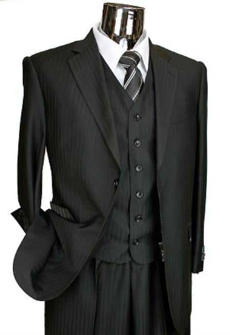 Mensusa Products Mens Black Tone on Tone 3pc 2 Button Italian Designer Suit Black