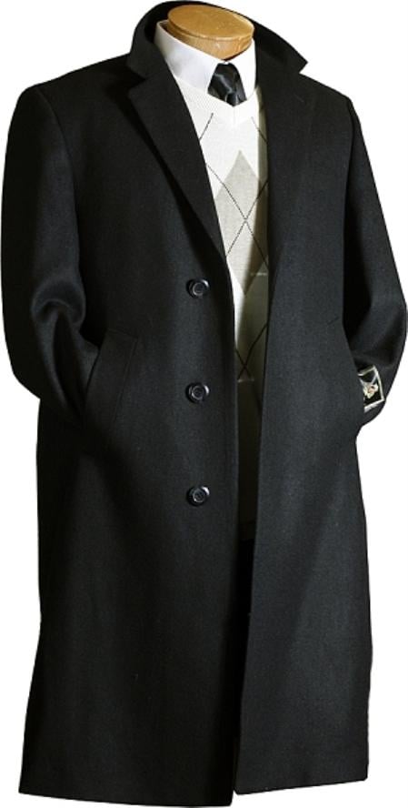 3 Button Black Cashmere Wool Overcoat Mens