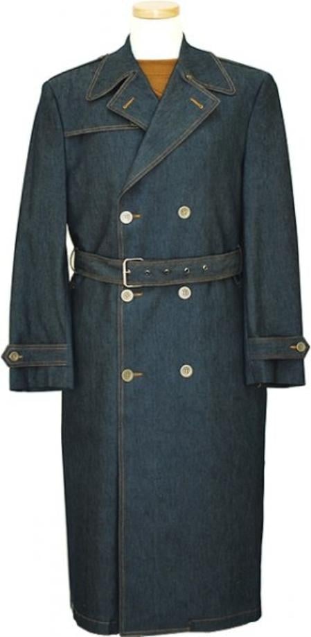 Mensusa Products Men's Blue Denim double breasted Long Trench Coat