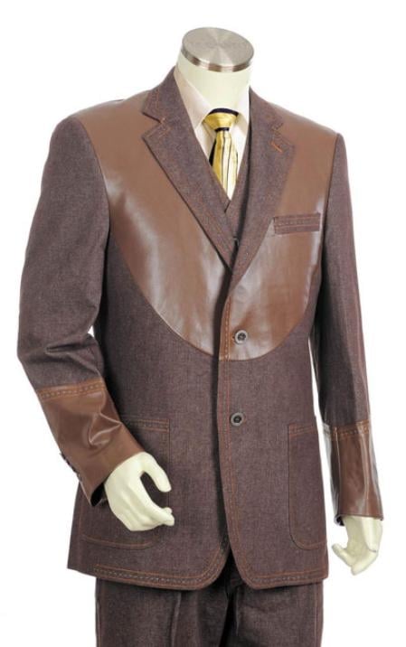 Mensusa Products Mens Brown 2 Button 3pc Fashion Denim Cotton Fabric Trimmed Two Tone Blazer/Suit/Tuxedo