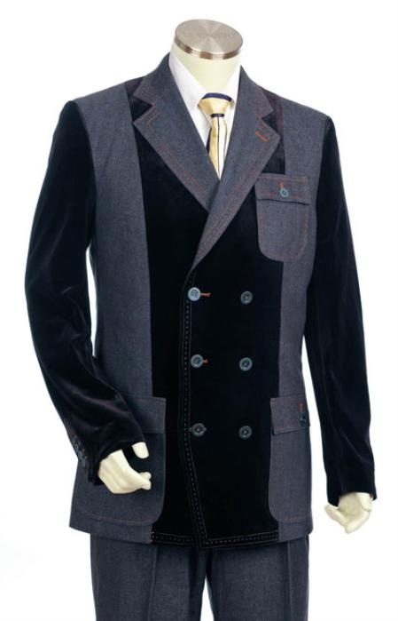 Mensusa Products Mens Double Breasted Fashion Denim Cotton Fabric Trimmed Two Tone Blazer/Suit/Tuxedo Grey With Black