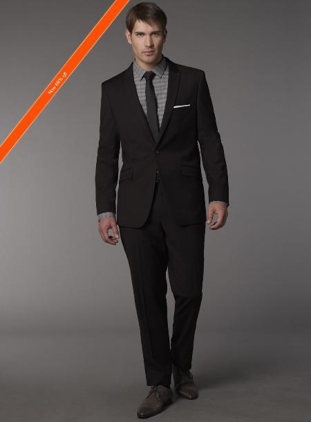 Men's Euro Cut Black Suit + Skinny Tie
