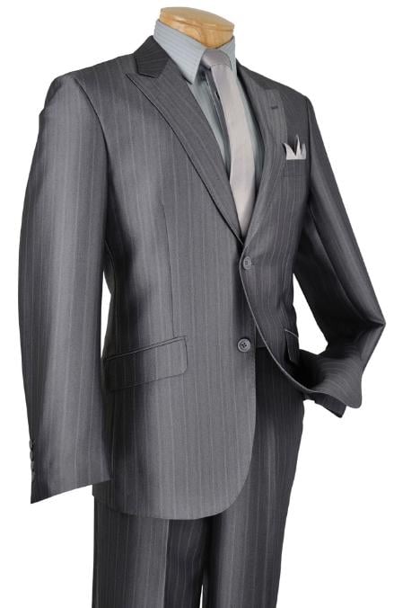 Mens Slim Fit Suit Single Breasted 2-Button Suit (Side Vented Jacket + Pants) Two Button Peak Lapel Pointed English Style Herringbone Strip in Charcoa