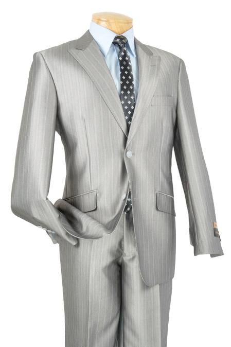 Mens Slim Fit Suit Single Breasted 2-Button Suit (Side Vented Jacket + Pants) Two Button Peak Lapel Pointed English Style Herringbone Strip in Silver 